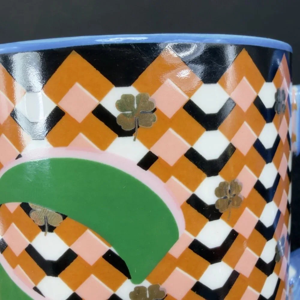 Anthropologie Bistro Tile Ceramic Coffee Mug Cup Monogram Letter S Shamrocks Mug